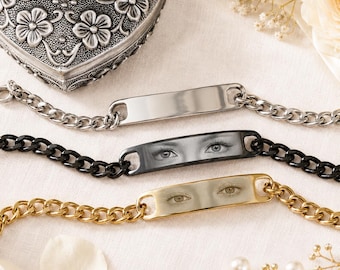 Custom Eye Photo Bracelet, Personalized Picture Bar Chain Bracelet, Engraved Stainless Steel Keepsake Gift for Him Her