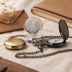 May include: Three pocket watches with metal chains. One is a closed antique brass-toned watch. Another is an open silver-toned watch with a reflective interior. The third is an open black watch with a white clock face featuring black numerals.