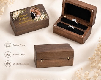 Boîte à bagues en bois photo personnalisée, boîte à bagues double gravée personnalisée, cadeau de fiançailles pour proposition de mariage