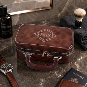Custom Engraved Leather Style Travel Organizer Case, Personalized Toiletry Makeup Storage Box with Handle, Gift