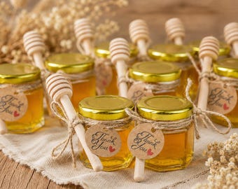 Ensemble de pots de miel hexagonaux personnalisés, mini pots de cadeaux de mariage en verre avec étiquette personnalisée. 2 ensembles