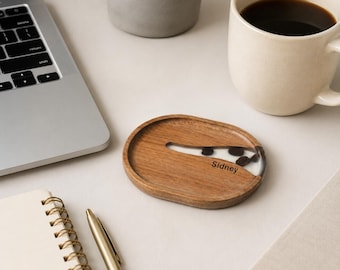 Dessous de verre ovale en bois personnalisé, plateau à boissons en résine de grain de café gravé personnalisé, cadeau de mariage pour couple