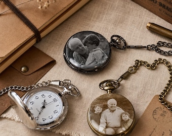 Montre de poche photo personnalisée, montre souvenir photo personnalisée avec chaîne, cadeau gravé pour papa, cadeau de mariage de garçons d'honneur