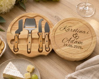 Ensemble de planches à fromages rondes en bois gravées personnalisées, planche à charcuterie personnalisée avec rangement caché pour couteaux, cadeau de mariage