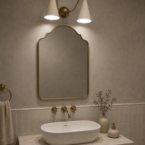 Mid Century Double Wall Sconce, Brass Cone Shade Lamp, Modern Ivory Wall Lighting, Hallway Vanity Light