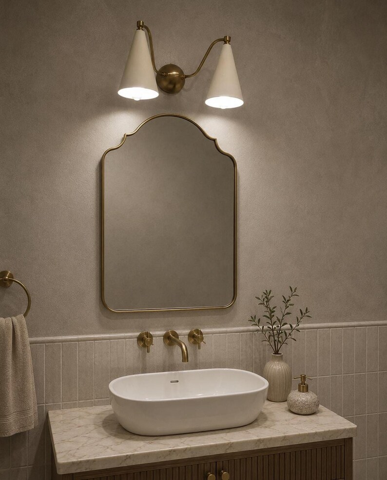 Mid Century Double Wall Sconce, Brass Cone Shade Lamp, Modern Ivory Wall Lighting, Hallway Vanity Light