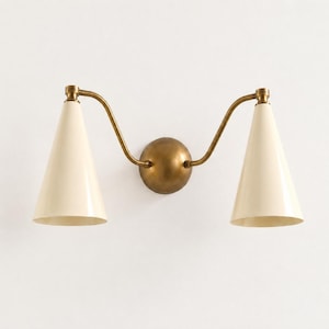Mid Century Double Wall Sconce, Brass Cone Shade Lamp, Modern Ivory Wall Lighting, Hallway Vanity Light
