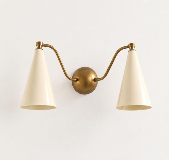 Mid Century Double Wall Sconce, Brass Cone Shade Lamp, Modern Ivory Wall Lighting, Hallway Vanity Light