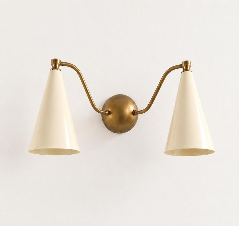 Mid Century Double Wall Sconce, Brass Cone Shade Lamp, Modern Ivory Wall Lighting, Hallway Vanity Light