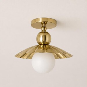 Mid Century Modern Brass Semi Flush Mount Ceiling Light, Opal Dome Fixture