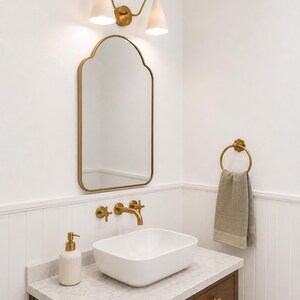 Mid Century Double Wall Sconce, Brass Cone Shade Lamp, Modern Ivory Wall Lighting, Hallway Vanity Light