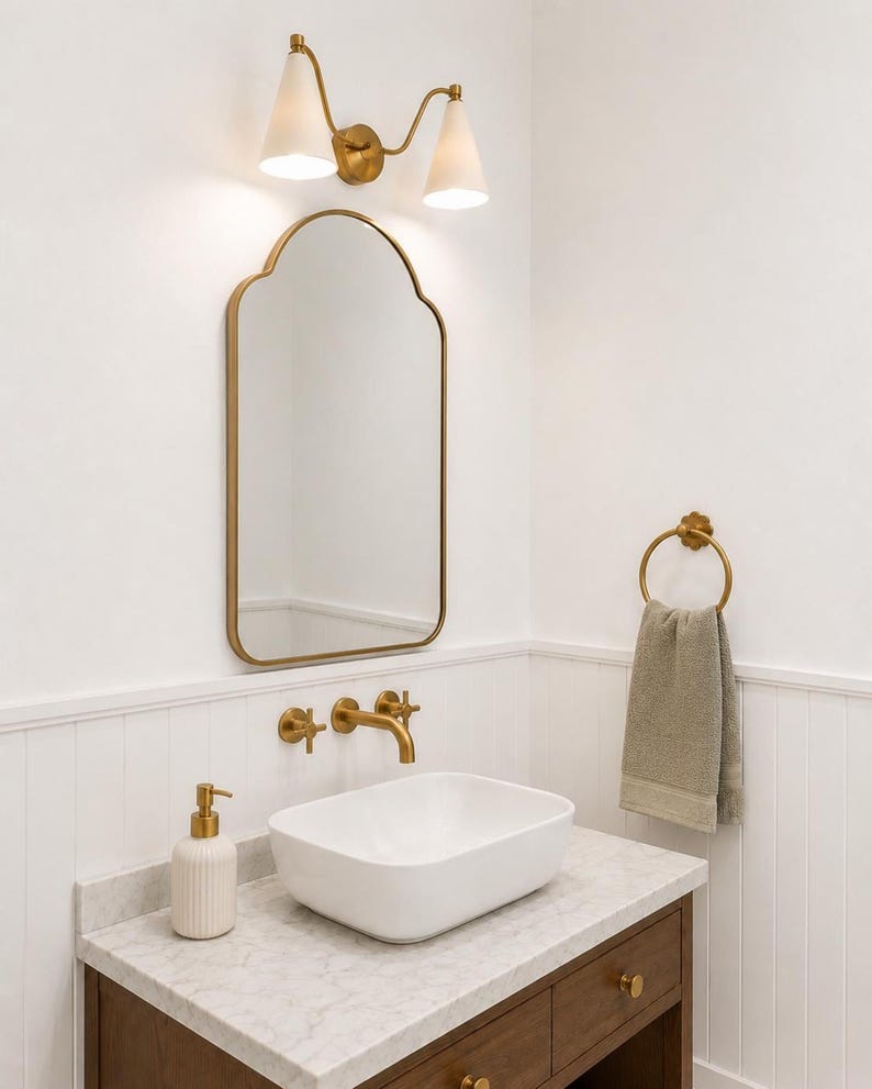 Mid Century Double Wall Sconce, Brass Cone Shade Lamp, Modern Ivory Wall Lighting, Hallway Vanity Light