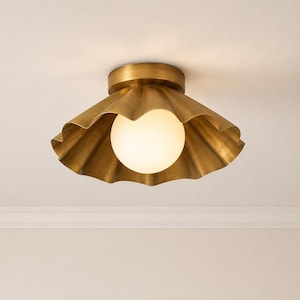 Mid Century Brass Scalloped Opal Globe Shade Flush Mount Ceiling Light Fixture