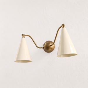 Mid Century Double Wall Sconce, Brass Cone Shade Lamp, Modern Ivory Wall Lighting, Hallway Vanity Light
