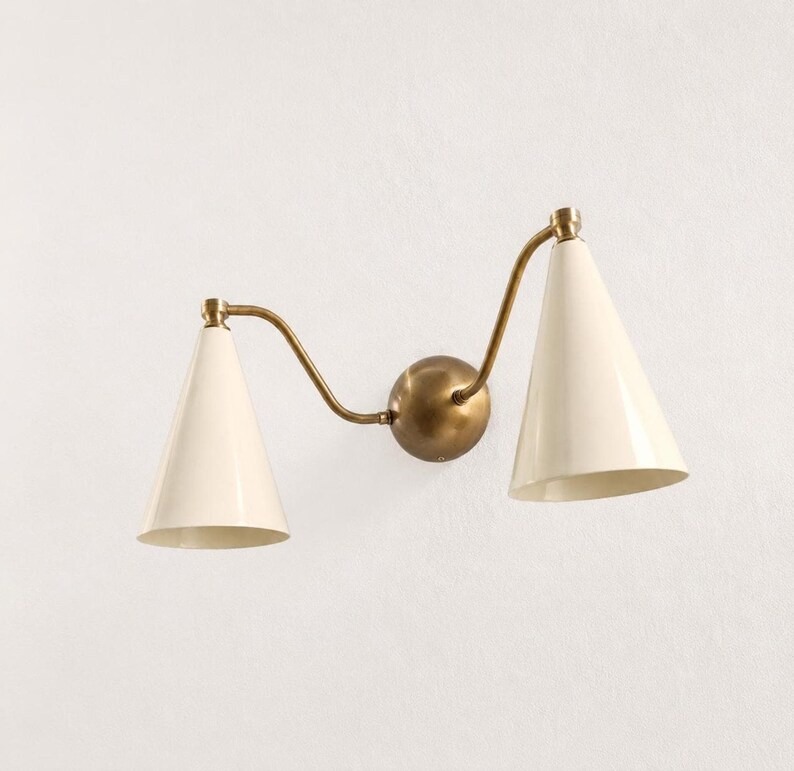 Mid Century Double Wall Sconce, Brass Cone Shade Lamp, Modern Ivory Wall Lighting, Hallway Vanity Light