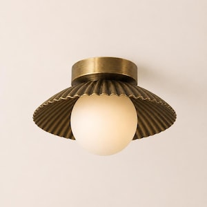 Brass Scallop Shade, Vintage Brass Flush Mount, Opal Globe, Fluted Shade Ceiling Lamp