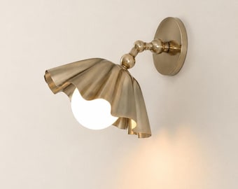 Scalloped Nickel Wall Sconce, Art Deco Opal Globe Lamp, Fluted Petal Shade Light, Sculptural Lighting