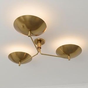 Handmade Brass 3-Arm Flush Mount Ceiling Light, Mid Century Modern Gold Fixture