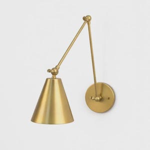 Mid Century Sconce, Brass Wall Sconce, Swing Arm Wall Lamp, Adjustable Bedside Light, Cone Wall Sconce, Plug In Sconce