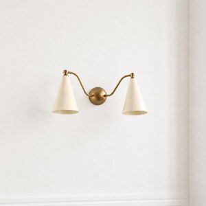 Mid Century Double Wall Sconce, Brass Cone Shade Lamp, Modern Ivory Wall Lighting, Hallway Vanity Light