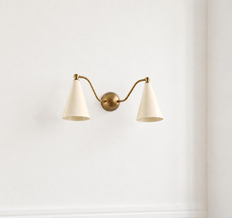Mid Century Double Wall Sconce, Brass Cone Shade Lamp, Modern Ivory Wall Lighting, Hallway Vanity Light