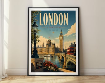 Può includere: Un poster di viaggio incorniciato di Londra, Inghilterra, con la torre dell'orologio Big Ben, il Parlamento, un autobus rosso a due piani e un lampione. Il testo recita LONDON, LONDON ENGLAND, e un cartello dice LONDON IS ALWAYS A GOOD IDEA.