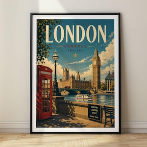 May include: A framed travel poster of London, England, featuring the Big Ben clock tower, the Houses of Parliament, a red telephone booth, and a river boat on the Thames. The text reads LONDON, LONDRES, ENGLAND, and HISTORY CULTURE STYLE SINCE 1066.