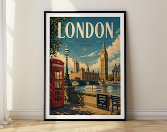 Puede incluir: Un póster de viaje enmarcado de Londres, Inglaterra, con la torre del reloj Big Ben, el Parlamento, una cabina telefónica roja y un barco en el Támesis. El texto dice LONDON, LONDRES, ENGLAND y HISTORY CULTURE STYLE SINCE 1066 en un cartel.