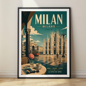 May include: A framed travel poster of Milan, Italy, featuring the Duomo di Milano in a city square. The foreground shows a round table with a pink flower in a vase, a coffee cup, and a magazine. Text reads MILAN, MILANO, ITALIA, MODA, DESIGN, STORIA, LA CITTA CHE ISPIRA.