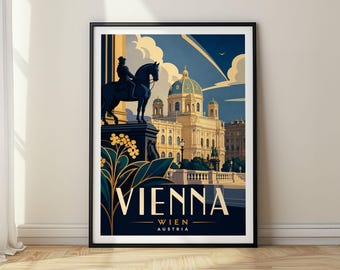 Könnte beinhalten: Ein gerahmtes Reiseplakat mit der dunkelblauen Silhouette eines Reiterstandbilds im Vordergrund, einem cremefarbenen Kuppelgebäude im Hintergrund und stilisierten gelben Blumen. Der Text lautet VIENNA WIEN AUSTRIA in fetter Schrift.