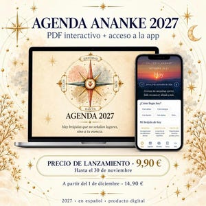 Puede incluir: Una agenda digital titulada Agenda Ananke 2027 mostrada en la pantalla de un portátil y un smartphone. La pantalla muestra un gráfico de brújula con las palabras Identidad, Ciclos, Alma y Raíces. El teléfono muestra una interfaz con el texto Hoy.