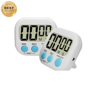 May include: Two white digital kitchen timers with large black numbers. Each timer has blue buttons labeled "MIN", "SEC", and "RESET". One timer also has a "START/STOP" button. A gold "BEST SELLER" sticker is in the upper left corner.