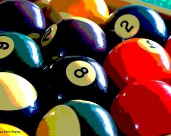 Pool Room Art, 8 Ball Photos, Still Life Photography, Mancave Photographs, Rec Room Prints, Vivid Colors, Billiard Balls Photographs