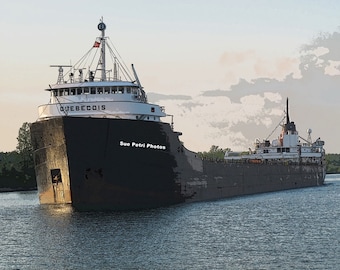 Quebecois Great Lakes Shipping, Nautical Photography, Welland Canal Photos, Black and White Photography, Monochrome Photography, Note Card