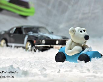 Polar Bear Car Race, Fine Art Photograph, Greeting Card or Magnet, Toy Photography, Still Life Photography, Kids Room Wall Art, Playroom Art