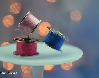 Pink and Blue Still Life Photography, Sewing Room Art, Serwers GIft, Bokeh, Color Photography, Vintage Bobin Photo, Fine Art Photography