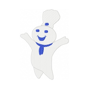 May include: A white cartoon character with a blue chef's hat, blue eyes, and a blue scarf. The character is smiling and has its arms raised in the air.