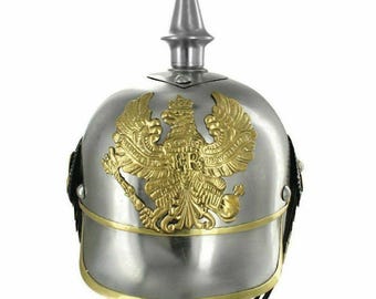 Vintage Prussian Pickelhaube Helmet - Imperial German Militaria Collectible - Brass & Leather Spiked Helmet