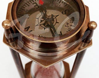 Antique Brass Sand Timer with Maritime Compass