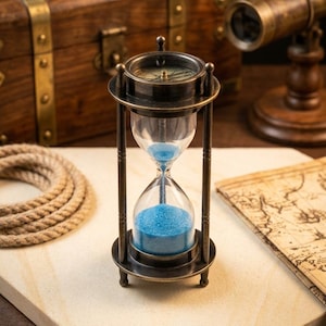 1 Minute Brass Antique Sand Timer with Antique Clock and Compass