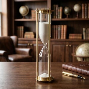May include: A tall hourglass with a polished brass frame and clear glass bulbs containing white sand. The hourglass features a cylindrical design with a flat circular base and top, held together by four vertical brass rods, with sand flowing.
