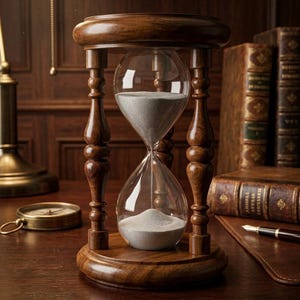 May include: A wooden hourglass with a clear glass bulb filled with gray sand. The hourglass is set on a wooden desk with a lamp, compass, and books in the background. The wooden frame has a dark brown finish.