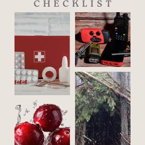 May include: A collage featuring a red first aid kit, pills, and medical supplies. Also shown are a red radio, a black radio, a flashlight, and a multi-tool. The image includes fresh cranberries and a makeshift shelter. The text at the top reads "BUG-OUT BAG CHECKLIST."