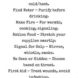 May include: A white poster with the title "SHTF Survival Guide" and the subtitle "(When Sh*t Hits the Fan - Read Fast, Stay Smart)". The poster lists 10 survival tips, including staying calm, finding water, and making fire.