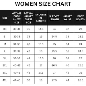 May include: A women's size chart with measurements in inches. The chart includes sizes XS to 4XL, detailing actual body chest size, jacket chest size, shoulder length, sleeve length, jacket waist, and body length.