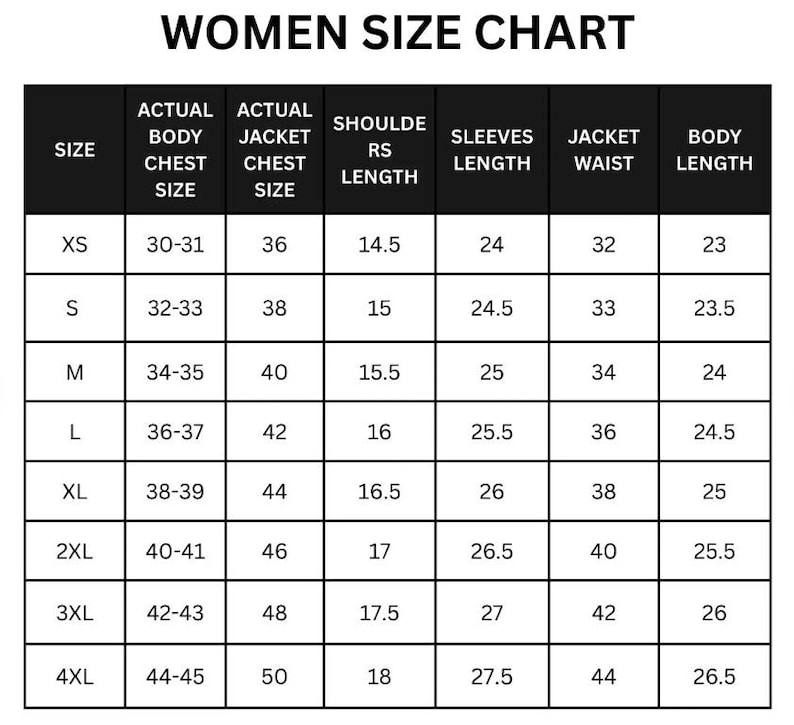 May include: A women's size chart with measurements in inches. The chart includes sizes XS to 4XL, detailing actual body chest size, jacket chest size, shoulder length, sleeve length, jacket waist, and body length.