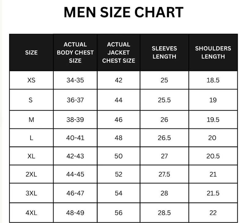 May include: A black and white size chart titled "MEN SIZE CHART" with measurements for body chest, jacket chest, sleeves, and shoulders. Sizes range from XS to 4XL, with measurements in inches.