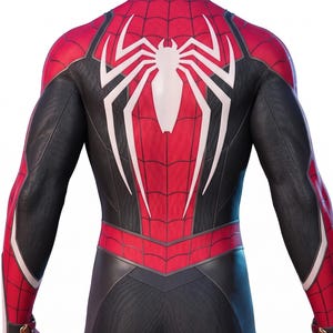 May include: A red and black superhero suit with a white spider emblem on the back. The suit features a web-like pattern on the red sections and black panels on the arms and legs. The gloves have gold accents.