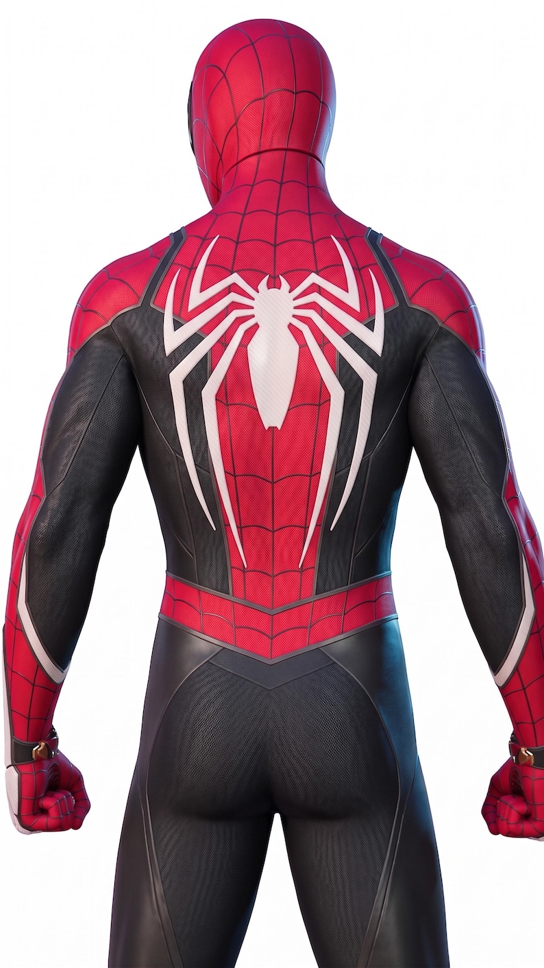 May include: A red and black superhero suit with a white spider emblem on the back. The suit features a web-like pattern on the red sections and black panels on the arms and legs. The gloves have gold accents.
