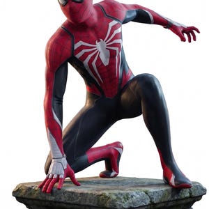 May include: A Spider-Man figure in a dynamic pose, kneeling on a stone pedestal. The costume is primarily red and black with a white spider emblem on the chest. The figure has a detailed mask and is set against a white background.